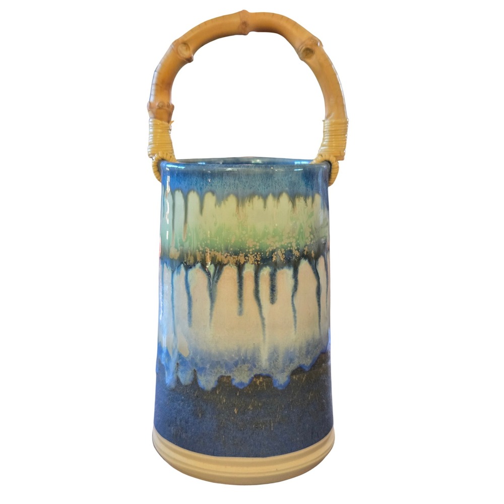 Moon Road Pottery Hilo Hawaii Mid Mod Drip Glaze Ceramic Vase with Bamboo Handle